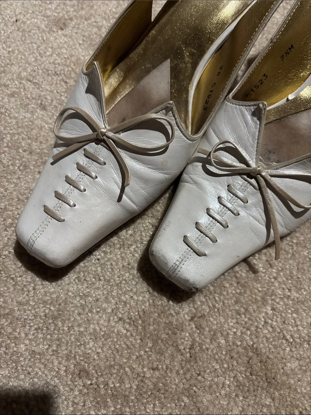 Timothy Hitsman White Leather Lace-Up Slingback Pumps with Gold Interior
